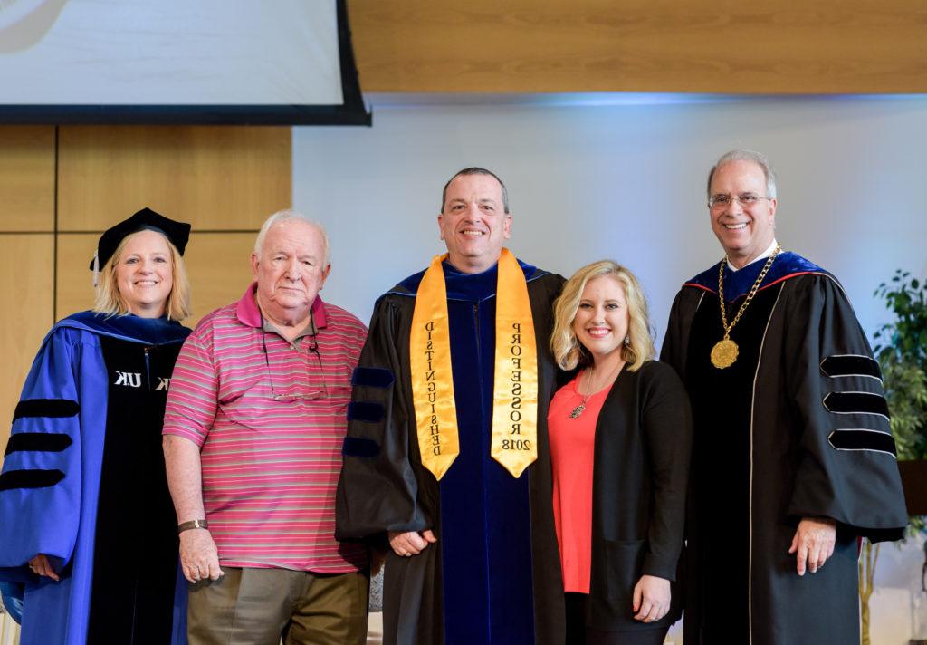 From left: Dr. Michael V. Carter, Tiffany Early, Dr. Joe Early Jr., Dr. Joe Early Sr. and Dr. Donna Hedgepath congratulate Early on receiving the Distinguished Faculty Award. (Campbellsville University Photo by Joshua Williams)