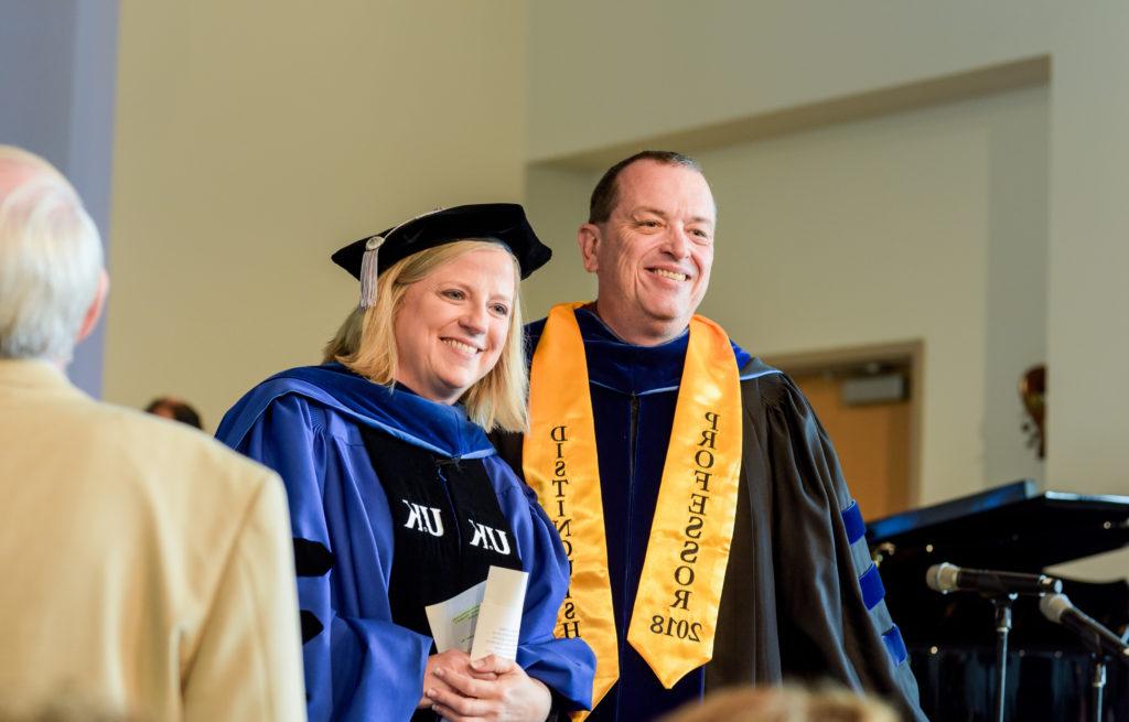 At left, Dr. Joe Early Jr. smiles with Dr. Donna Hedgepath, provost and vice president for academic affairs, after the chapel ceremony where he received the Distinguished Faculty Award. (Campbellsville University Photo by Joshua Williams).