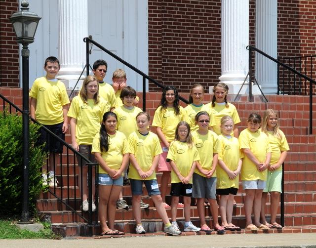 Albany Kids College, grades five through eight, are pictured on the steps of the Albany First Baptist Church. Unless noted otherwise, all students are from Clinton County. The students in this group are, first row, from left: Molly Dalton from Monticillo; Christy Sidwell, Callie Copeland, Kaitlin Cross, Kacey Wade, Hannah Neal, Mildred Dominguez. Row two: Macy Campbell, Keilee Dalton, Danielle Dalton, Jed Randolph, Kelsie Hickman. Row three: Matthew Hunter, Takota Dalton and Brett York from Monticillo. (CU Photo by Linda Waggener)