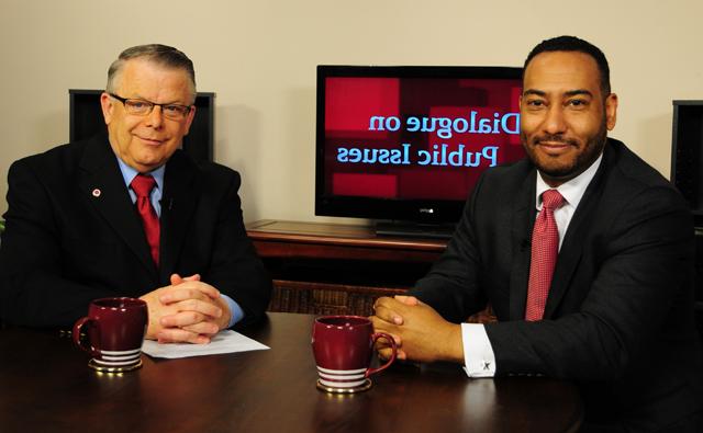 Campbellsville University’s John Chowning, vice president for church and external relations and executive assistant to the president of CU, right, interviews Aaron Snipe, spokesperson and deputy director for the U.S. Department of State Foreign Service’s Bureau of Near Eastern Affairs (NEA), for his “Dialogue on Public Issues” show. The show will air Sunday, April 21 at 8 a.m.; Monday, April 22 at 1:30 p.m. and 6:30 p.m.; Tuesday, April 23 at 1:30 p.m. and 6:30 p.m.; Wednesday, April 24 at 1:30 p.m. and 6:30 p.m.; Thursday, April 25 at 8 p.m.; and Friday, April 26 at 8 p.m. The show is aired on Campbellsville’s cable channel 10 and is also aired on WLCU FM 88.7 at 8 a.m. Sunday, April 21. (Campbellsville University Photo by Christina Kern)