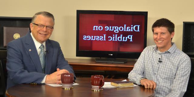 Campbellsville University’s John Chowning, vice president for church and external relations and executive assistant to the president of CU, right, interviews Alan Haven, production assistant with CU’s Office of Broadcast Services, for his “Dialogue on Public Issues” show. The show will air Sunday, Sept. 15 at 8 a.m.; Monday, Sept. 16 at 1:30 p.m. and 6:30 p.m.; and Wednesday, Sept. 18 at 1:30 p.m. and 6:30 p.m. The show is aired on Campbellsville’s cable channel 10 and is also aired on WLCU FM 88.7 at 8 a.m. and 6:30 p.m. Sunday, Sept. 15. (Campbellsville University Photo by Samantha Clark)