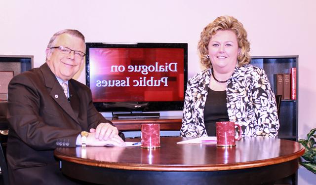 Dr. John Chowning, vice president for church and external relations and executive assistant to the president of Campbellsville University, right, interviews Angie Atwood, assistant professor of nursing, for his “Dialogue on Public Issues” show. 