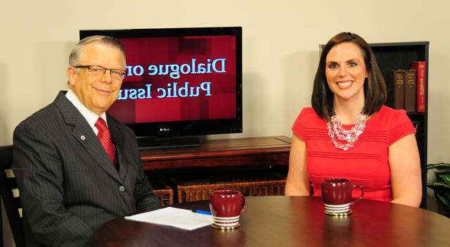 Campbellsville University’s John Chowning, vice president for church and external relations and executive assistant to the president of CU, right, interviews Ashli Watts, manager of public affairs with the Kentucky Chamber of Commerce, for his “Dialogue on Public Issues” show.