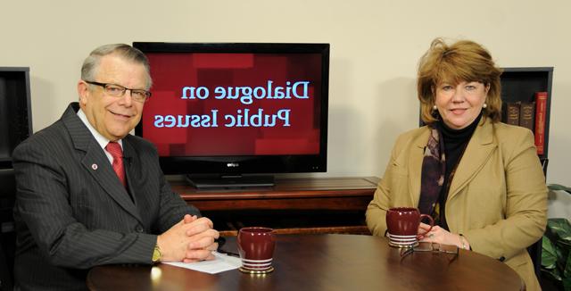 Campbellsville University’s John Chowning, vice president for church and external relations and executive assistant to the president of CU, right, interviews Audrey Haynes, secretary for the Cabinet for Health and Family Services, for his “Dialogue on Public Issues” show. The show will air Sunday, April 28 at 8 a.m.; Monday, April 29 at 1:30 p.m. and 6:30 p.m.; Tuesday, April 30 at 1:30 p.m. and 6:30 p.m.; Wednesday, May 1 at 1:30 p.m. and 6:30 p.m.; Thursday, May 2 at 8 p.m.; and Friday, May 3 at 8 p.m. The show is aired on Campbellsville’s cable channel 10 and is also aired on WLCU FM 88.7 at 8 a.m. Sunday, April 28. (Campbellsville University Photo by Ye Wei “Vicky”)