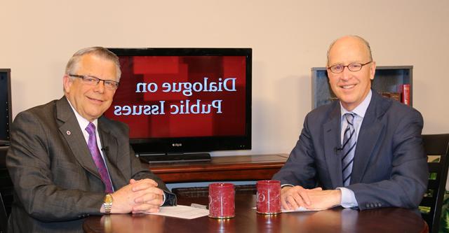 Dr. John Chowning, vice president for church and external relations and executive assistant to the president of Campbellsville University, right, interviews Bill Goodman, host and managing editor of the Emmy Award-winning public affairs series “Kentucky Tonight” on Kentucky Educational Television (KET) in Lexington, Ky., for his “Dialogue on Public Issues” show.