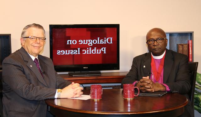 Dr. John Chowning, vice president for church and external relations and executive assistant to the president of Campbellsville University, right, interviews Bishop Charles J. King Jr.,  eleventh district of the Christian Methodist Episcopal Church, for his “Dialogue on Public  Issues” show. 