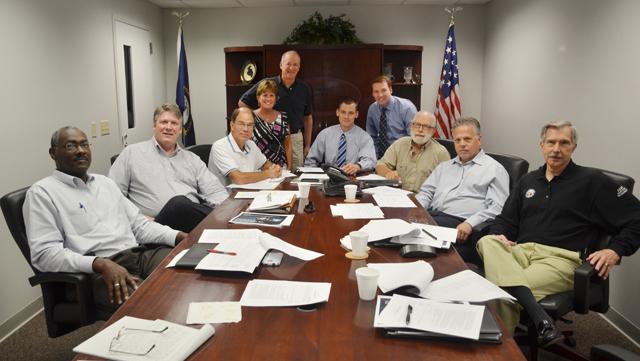 Campbellsville University hosted the budget/finance committee of the Kentucky Council on Postsecondary Education July16 at the Virginia Ponser Flanagan Technology Training Center building on the CU campus. Attending from left were: Ron Carson; Glenn Denton, member of the CPE board; Dan Flanagan, chair of the committee; Shaun McKiernan; Scott Boelscher; Dr. Robert King, president of CPE; Debbie Weakly; Joe Graviss, a member of the CPE board; Bill Payne and Sherron Jackson. (Campbellsville University Photo by Joan C. McKinney)