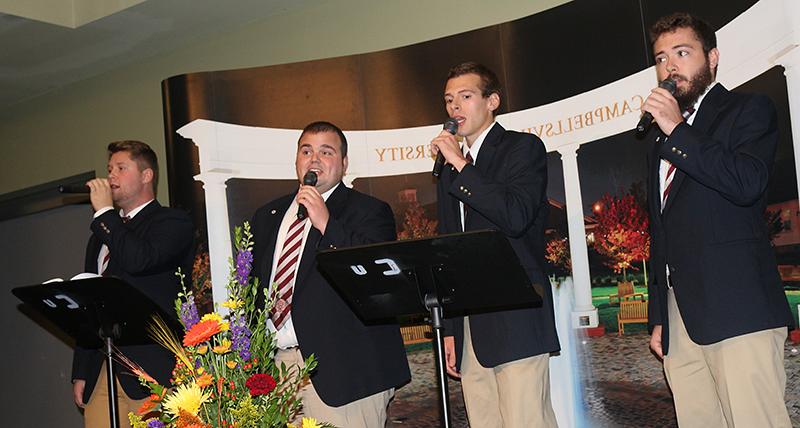 CU Sound performing during the President's Club Dinner. From left, Blake Whitlock of Hodgenville, Ky.; Jeremy Bell of Harlan, Ky.; Jericho McCoy of Campbellsville, Ky., and Andrew Butler of Vine Grove, Ky. (Campbellsville University Photo by Drew Tucker)