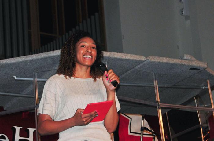 Cortnee Walton, University of Louisville women’s basketball player, shares her testimony with FCA campers. (Campbellsville University Photo by Josh Christian)