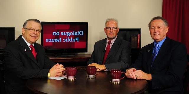 Campbellsville University’s John Chowning, vice president for church and external relations and executive assistant to the president of CU, right, interviews Campbellsville University vice presidents Dr. Frank Cheatham, senior vice president of academic affairs, and Dave Walters, vice president for admissions and students services, on his “Dialogue on Public Issues” show on Campbellsville University’s WLCU-TV. Cheatham and Walters talked about the startup of the university for the fall 2012 semester. The show will air Sunday, Aug. 26 at 8 a.m.; Monday, Aug. 27 at 1:30 p.m. and 6:30 p.m.; Tuesday, Aug. 28 at 1:30 p.m. and 6:30 p.m.; Wednesday, Aug. 29 at 1:30 p.m. and 6:30 p.m.; Thursday, Aug. 30 at 8 p.m.; and Friday, Aug. 31 at 8 p.m. The show is aired on Campbellsville’s cable channel 10 and is also aired on WLCU FM 88.7 at 8 a.m. Sunday, Aug. 26. (Campbellsville University Photo by Christina L. Kern)