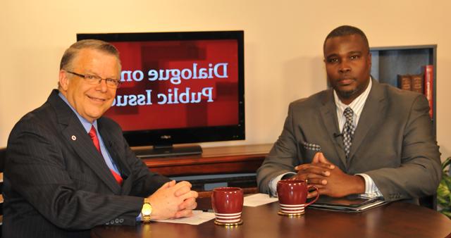 Campbellsville University’s John Chowning, vice president for church and external relations and executive assistant to the president of CU, right, interviews David Cozart, Lexington Leadership Foundation and CU graduate, on his “Dialogue on Public Issues” show on Campbellsville University’s WLCU-TV. The show will air Sunday, Nov. 11 at 8 a.m.; Monday, Nov. 12 at 1:30 p.m. and 6:30 p.m.; Tuesday, Nov. 13 at 1:30 p.m. and 6:30 p.m.; Wednesday, Nov. 14 at 1:30 p.m. and 6:30 p.m.; Thursday, Nov. 15 at 8 p.m.; and Friday, Nov. 16 at 8 p.m. The show is aired on Campbellsville’s cable channel 10 and is also aired on WLCU FM 88.7 at 8 a.m. Sunday, Nov. 11. (Campbellsville University Photo by Ellie McKinley)