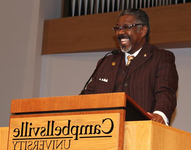 Dr. C.B. Akins, Sr., pastor of First Baptist Church Bracktown in Lexington, Ky., spoke on the importance of education closing the gaps between blacks and whites at a recent Dr. Martin Luther King, Jr. Memorial Service at Campbellsville University. (Campbellsville University Photo by Rachel DeCoursey)