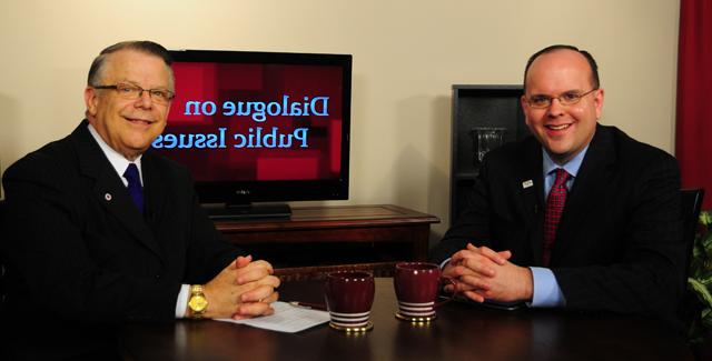 Campbellsville University’s John Chowning, vice president for church and external relations and executive assistant to the president of CU, right, interviews Dr. Adam Greenway, president of the Kentucky Baptist Convention, on his “Dialogue on Public Issues” show on Campbellsville University’s WLCU-TV. The show will air Sunday, Sept. 9 at 8 a.m.; Monday, Sept. 10 at 1:30 p.m. and 6:30 p.m.; Tuesday, Sept. 11 at 1:30 p.m. and 6:30 p.m.; Wednesday, Sept. 12 at 1:30 p.m. and 6:30 p.m.; Thursday, Sept. 13 at 8 p.m.; and Friday, Sept. 14 at 8 p.m. The show is aired on Campbellsville’s cable channel 10 and is also aired on WLCU FM 88.7 at 8 a.m. Sunday, Sept. 9. (Campbellsville University Photo by Christina L. Kern)