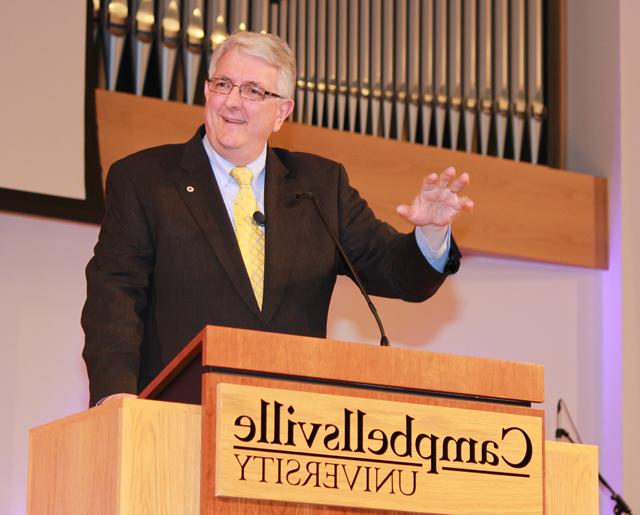 John Upton, president of Baptist World Alliance, speaks of the walls that surround us during chapel. (Campbellsville University Photo by Rachel DeCoursey)