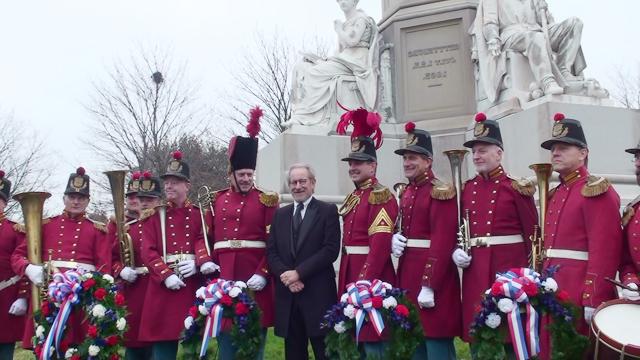 Dr. Reese Land, fourth from left, associate professor of music/trumpet at Campbellsville University, was in the new Steven Spielberg film “Lincoln.” He got to meet Spielberg at the 149th anniversary of Lincoln’s Gettysburg address at Gettysburg, Penn. Nov. 19.