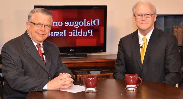 Campbellsville University’s John Chowning, vice president for church and external relations and executive assistant to the president of CU, right, interviews Dr. Frank Page, president and chief executive officer of the Southern Baptist Convention Executive Committee, for his “Dialogue on Public Issues” show. The show will air Sunday, Oct. 27 at 8 a.m.; Monday, Oct. 28 at 1:30 p.m. and 6:30 p.m.; and Wednesday, Oct. 30 at 1:30 p.m. and 6:30 p.m. The show is aired on Campbellsville’s cable channel 10 and is also aired on WLCU FM 88.7 at 8 a.m. and 6:30 p.m. Sunday, Oct. 27. (Campbellsville University Photo by Drew Tucker)