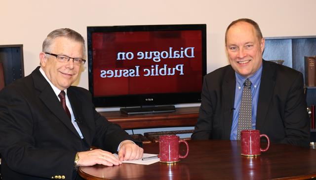 Dr. John Chowning, vice president for church and external relations and executive assistant to the  president of Campbellsville University, right, interviews Dr. Galen Carey, vice president of  government relations for the National Association of Evangelicals, for his “Dialogue on Public  Issues” show.