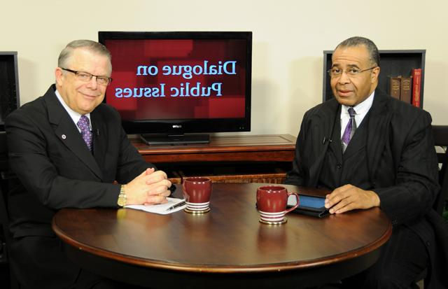 Campbellsville University’s John Chowning, vice president for church and external relations and executive assistant to the president of CU, right, interviews Dr. Joseph Owens, senior pastor of Shiloh Baptist Church, Lexington, and chair of the CU Board of Trustees, for his “Dialogue on Public Issues” show. The show will air Sunday, May 19 at 8 a.m.; Monday, May 20 at 1:30 p.m. and 6:30 p.m.; and Wednesday, May 21 at 1:30 p.m. and 6:30 p.m. The show is aired on Campbellsville’s cable channel 10 and is also aired on WLCU FM 88.7 at 8 a.m. and 6:30 p.m. Sunday, May 19. (Campbellsville University Photo by Ye Wei “Vicky”)