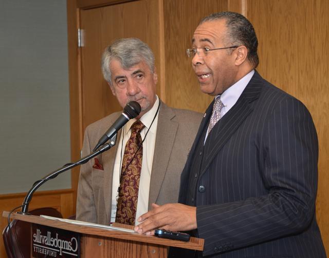 Dr. Joseph Owens, left, of Lexington, begins his third term as chair of the Campbellsville University  Board of Trustees. Guy Montgomery of Louisville is serving as vice chair. (Campbellsville  University Photo by Joan C. McKinney)