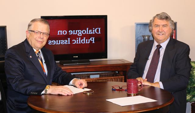 Dr. John Chowning, vice president for church and external relations and executive assistant to the president of Campbellsville University, right, interviews Dr. Paul Marshall, senior fellow at the Hudson Institute’s Center for Religious Freedom, for his “Dialogue on Public Issues” show. The show will air at 1:30 p.m. and 6:30 p.m. Monday, Oct. 13 and at 1:30 p.m. and 7 p.m. Wednesday, Oct. 15, and on WLCU-TV, Campbellsville’s cable channel 10 and at 8 a.m. and at 8:30 p.m. Sunday, Oct. 12 on both WLCU-TV and on 88.7 The Tiger radio. (Campbellsville University Photo by Drew Tucker)