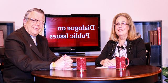 Dr. John Chowning, vice president for church and external relations and executive assistant to the president of Campbellsville University, right, interviews Dr. Sharon Hundley, associate professor of nursing and chair of early childhood education program, for his “Dialogue on Public Issues” show.