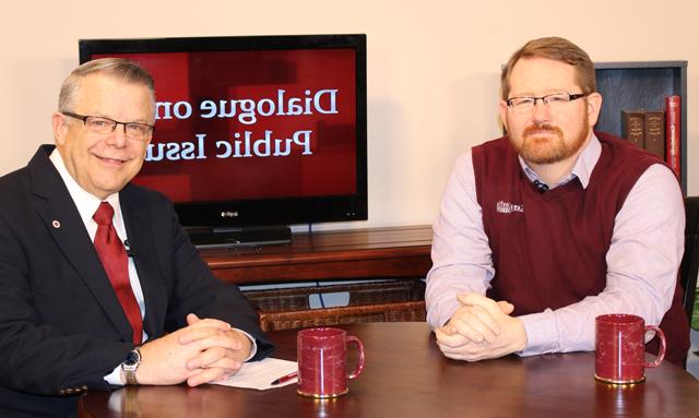 Dr. John Chowning, vice president for church and external relations and executive assistant to  the president of Campbellsville University, right, interviews Dr. Shawn Williams, assistant  professor of political science at Campbellsville University, for his “Dialogue on Public Issues”  show.