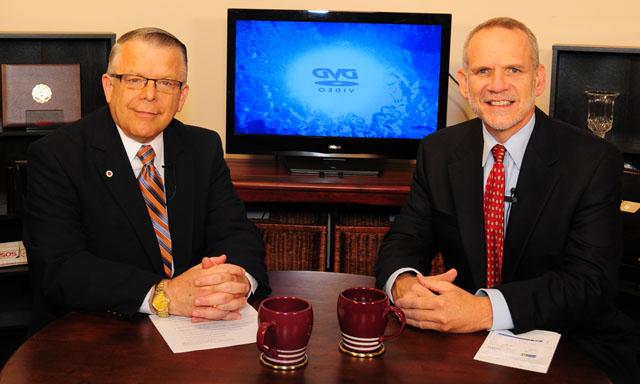 Campbellsville University’s John Chowning, vice president for church and external relations and executive assistant to the president of CU, right, interviews Dr. Wayne Barnard, director, student ministries, International Justice Mission, for his “Dialogue on Public Issues” show. The show will air Sunday, Dec. 15 at 8 a.m.; Monday, Dec. 16 at 1:30 p.m. and 6:30 p.m.; and Wednesday, Dec. 18 at 1:30 p.m. and 6:30 p.m. The show is aired on Campbellsville’s cable channel 10 and is also aired on WLCU FM 88.7 at 8 a.m. and 6:30 p.m. Sunday, Dec. 16. (Campbellsville University Photo by Jose Soriano)