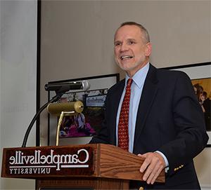 Dr. Wayne Barnard discusses human trafficking at both a Kentucky Heartland  Institute on PublicPolicy event and at chapel  at Campbellsville University.  (Campbellsville University Photo by Drew Tucker)