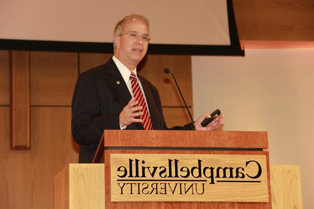 Dr. Michael V. Carter, who is in his 15th year as president of Campbellsville University, speaks at the Thanksgiving chapel. (Campbellsville University Photo by Rachel DeCoursey)