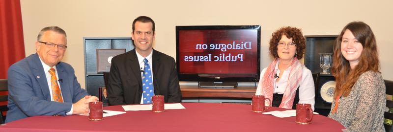 Campbellsville University’s John Chowning, vice president for church and external relations and executive assistant to the president of CU, right, interviews from left: Hannah Baird, Tim Hooker and Maryann Matheny, from CU’s English as a Second Language Department, for his “Dialogue on Public Issues” show. The show will air Sunday, Jan. 5, 2014 at 8 a.m.; Monday, Jan. 6, 2014 at 1:30 p.m. and 6:30 p.m.; and Wednesday, Jan. 8, 2014 at 1:30 p.m. and 6:30 p.m. The show is aired on Campbellsville’s cable channel 10 and is also aired on WLCU FM 88.7 at 8 a.m. and 6:30 p.m. Sunday, Jan. 5. (Campbellsville University Photo by Yvonne Matheas)