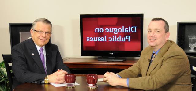 Campbellsville University’s John Chowning, vice president for church and external relations and executive assistant to the president of CU, right, interviews CU’s Dr. Joe Early Jr., assistant professor of theology, for his “Dialogue on Public Issues” show. The show will air Sunday, March 24 at 8 a.m.; Monday, March 25 at 1:30 p.m. and 6:30 p.m.; Tuesday, March 26 at 1:30 p.m. and 6:30 p.m.; Wednesday, March 27 at 1:30 p.m. and 6:30 p.m.; Thursday, March 28 at 8 p.m.; and Friday, March 29 at 8 p.m. The show is aired on Campbellsville’s cable channel 10 and is also aired on WLCU FM 88.7 at 8 a.m. Sunday, March 24. (Campbellsville University Photo by Ye Wei “Vicky”)