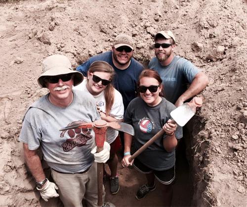 Ed Pavy, at right, Campbellsville University's director of campus ministries, traveled with eight others to work with “Homes from the Heart,” an organizationthat has constructed homes in two other areas of the country, as well as in Nicaragua, Honduras and Haiti. From left are: Trent Creason, director of studentactivities and intramurals at CU; Kendall Riddle of Louisville, Ky.; Hunter Smith of Munfordville, Ky., and Shelby Knuckles of Trenton, Ky.