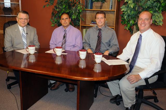 Campbellsville Independent School officials are interviewed on “Dialogue on Public Issues,” hosted by John Chowning, far right, at Campbellsville University. The show featured from left: David Petett, Campbellsville Elementary School principal; Chris Kidwell, Campbellsville Middle School principal; and Kirby Smith, Campbellsville High School principal. The show will air on TV-4, WLCU, Comcast Cable Channel 10, Sunday, July 19, at 8 a.m.; Monday, July 20, at 1:30 p.m. and 6:30 p.m., and Wednesday, July 22, at 1:30 p.m. and 7 p.m. (Campbellsville University Photo by Ashley Zsedenyi)