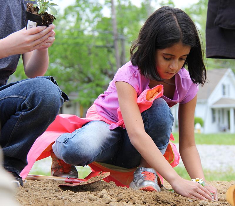 Taylor County Elementary School fifth grader Evie  Sapp plants flowers with her fellow classmates at  CU's Earth Day Celebration. (Campbellsville  University Photo by Rachel DeCoursey)