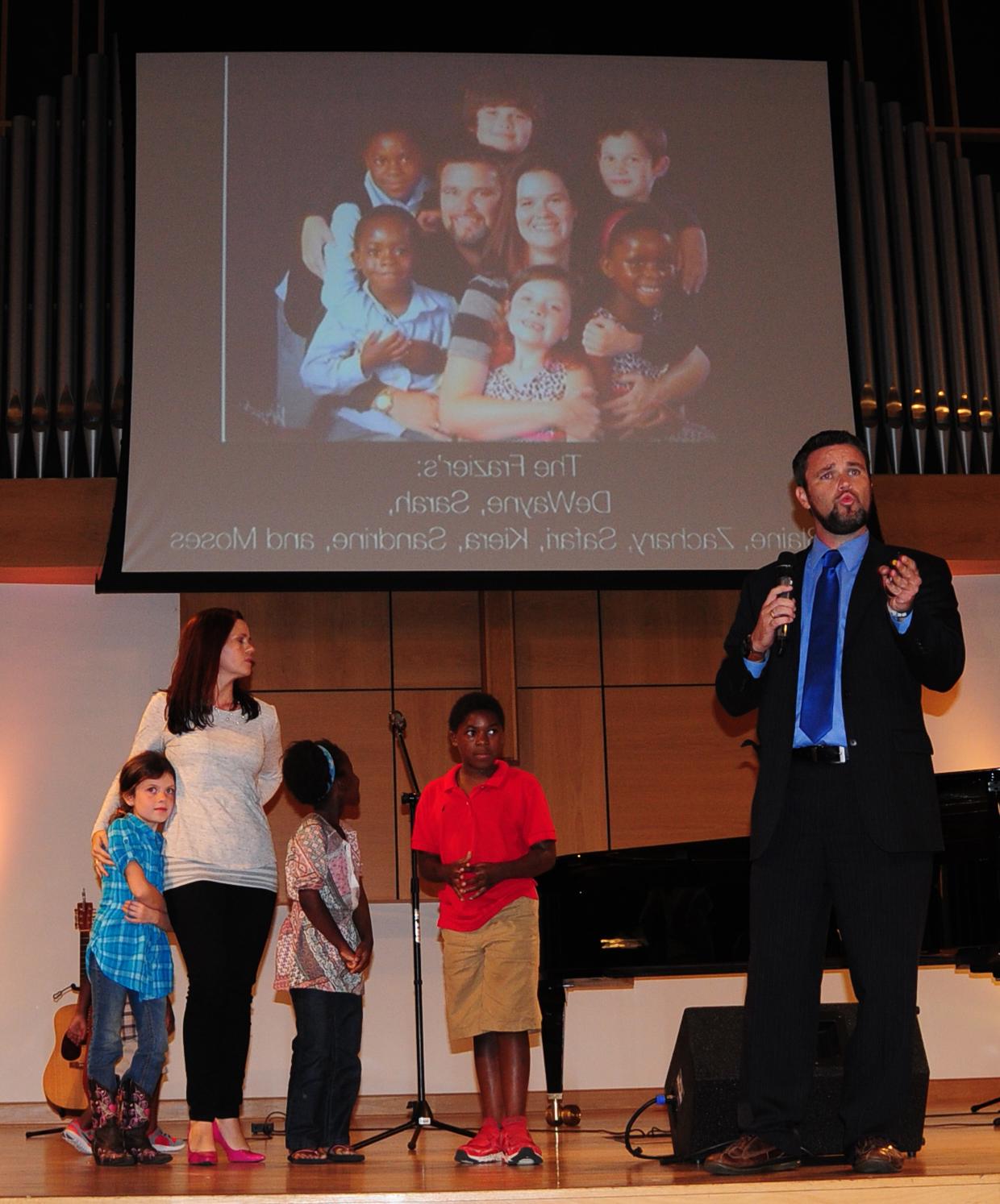 Dr. DeWayne Frazier, associate vice president for academic affairs at CU, shares the story on how he and his wife, Sarah, adopted three children from the Congo, Africa. From left are: Frazier, Safari, Sandrine, Sarah and Kiera. (Campbellsville University Photo by Kyle Perkins)