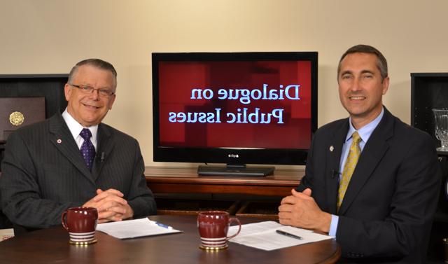 Campbellsville University’s John Chowning, vice president for church and external relations and executive assistant to the president of CU, right, interviews Kentucky Sen. David Givens (R-Greensburg), who represents Kentucky’s 9th Senate District (Allen, Barren, Edmonson, Green, Metcalfe and Simpson counties). The show will air Sunday, June 3 at 8 a.m.; Monday, June 4 at 1:30 p.m. and 6:30 p.m.; Tuesday, June 5 at 1:30 p.m. and 6:30 p.m.; Wednesday, June 6 at 1:30 p.m. and 6:30 p.m.; Thursday, June 7 at 8 p.m.; and Friday, June 8 at 8 p.m. The show is aired on Campbellsville’s cable channel 10 and is also aired on WLCU FM 88.7 at 8 a.m. Sunday, June 3. (Campbellsville University Photo by Joan C. McKinney)