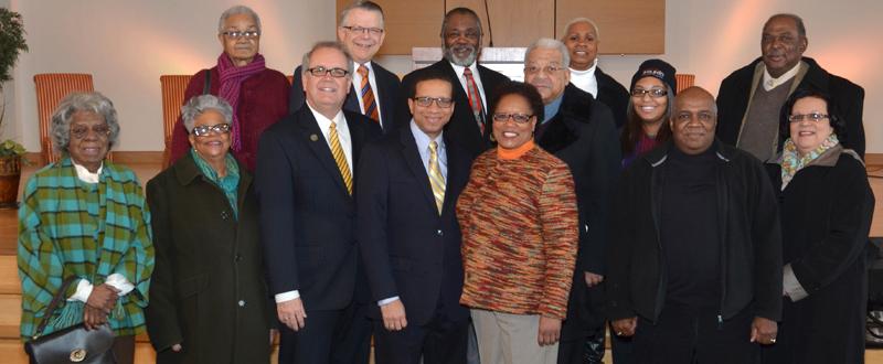 Friends and former congregation members attended Campbellsville University’s chapel service featuring Dr. David Goatley. Attending were from left: back row -- from left: Jerry Cowherd; Kay Johnson; the Rev. James Washington; Dr. John Chowning, vice president for church and external relations and executive assistant to the president; and Mildred Smith. From left: front row -- Mary Cowherd; Randy Taylor; Jade Turner; the Rev. Roddy Turner; Wanda Washington; Goatley; Campbellsville Mayor Tony Young; Jean Allen; and Margaret Stewart. (Campbellsville University Photo by Joan McKinney)