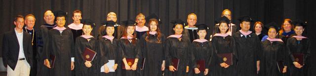 Campbellsville University master’s graduates receiving degrees Aug. 7 include from left: Front row -- Hsin-Jung Chang, Pei-Yin Chen, Ming-Wen Chant, Mei-Ya Huang, Yi-Hua Huang, Yun-Hsuan Huang, Ya-Ying Lin, Chia-Hui, Shen, Min-Hsui Shih, Yu-Shin Tseng, Wan-Soo Cho and John Honeycutt, coordinator for international education. Back row -- Dr. Lisa McArthur, associate professor of music; Dr. Heidy Ximenes, assistant professor of music; Dr. Jim Moore, professor of music; Dr. David Hedrick, adjunct instructor in music; Dr. Tony Cunha, assistant professor of music; Dr. Robert Gaddis, dean of the School of Music and professor of music; Dr. Scott Bersaglia, assistant director of bands and assistant professor of music; Dr. Mark Bradley, professor of music; and Dr. Frank Cheatham, vice president for academic affairs. (Campbellsville University Photo by Joan C. McKinney)