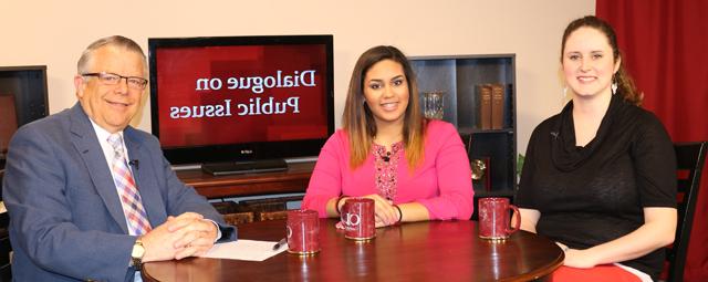 Dr. John Chowning, vice president for church and external relations and executive assistant to the president of Campbellsville University, right, interviews students Hannah Clark of Winchester, Tenn. and Brianna Brown of Corydon, Ky., who are involved in the International Justice Mission campus organization at Campbellsville University, for his “Dialogue on Public Issues” show.