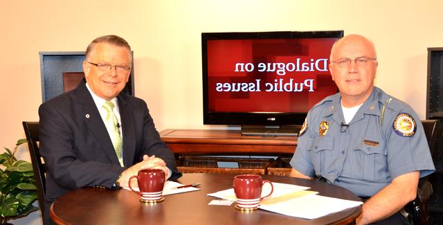 Campbellsville University’s John Chowning, vice president for church and external relations and executive assistant to the president of CU, right, interviews Campbellsville Police Chief Tim Hazlette on his “Dialogue on Public Issues” show on Campbellsville University’s WLCU-TV. The show will air Sunday, Sept. 2 at 8 a.m.; Monday, Sept. 3 at 1:30 p.m. and 6:30 p.m.; Tuesday, Sept. 4 at 1:30 p.m. and 6:30 p.m.; Wednesday, Sept. 5 at 1:30 p.m. and 6:30 p.m.; Thursday, Sept. 6 at 8 p.m.; and Friday, Sept. 7 at 8 p.m. The show is aired on Campbellsville’s cable channel 10 and is also aired on WLCU FM 88.7 at 8 a.m. Sunday, Sept. 2. (Campbellsville University Photo by Joan C. McKinney)