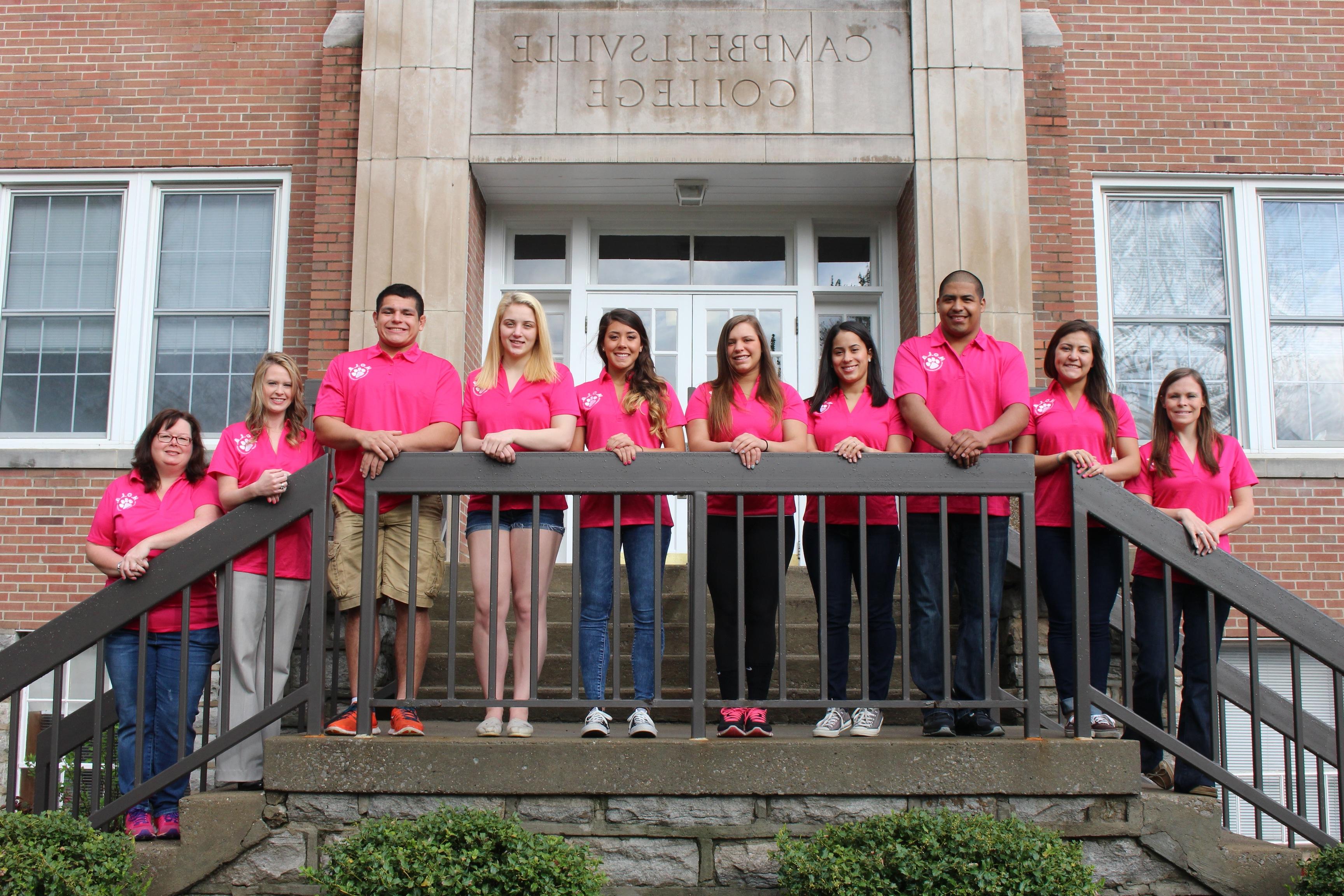 Dr. Twyla Hernandez, above right, assistant professor of Christian Missions in Campbellsville University’s School of Theology, is shown with members of the H.O.L.A. (Hispanic Organization of Latin Americans) student group, an organization of American Hispanic students with the purpose of building relationships and creating greater access to American Hispanic students on the CU campus. From left are: Kristen Jorgenson, Michelle Lomas, David Veramontes, Rosemary Flores, Hannah Hall, Alexa Moore, Kasey Kruczek, Miguel Santis, Paula Caldwell, and Hernandez. (Campbellsville University photo by Drew Tucker)