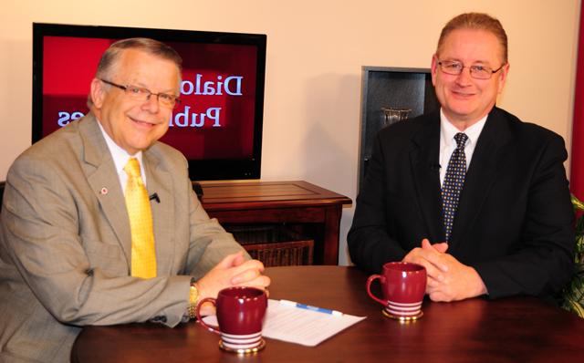 Campbellsville University’s John Chowning, vice president for church and external relations and executive assistant to the president of CU, right, interviews interviews Kentucky Sen. Jimmy Higdon (R-Lebanon), who represents Kentucky’s 14th Senate District (Marion, Mercer, Nelson, Taylor and Washington counties). The show will air Sunday, Dec. 30 at 8 a.m.; Monday, Dec. 31 at 1:30 p.m. and 6:30 p.m.; Tuesday, Jan. 1, 2013 at 1:30 p.m. and 6:30 p.m.; Wednesday, Jan. 2 at 1:30 p.m. and 6:30 p.m.; Thursday, Jan. 3 at 8 p.m.; and Friday, Jan. 4 at 8 p.m. The show is aired on Campbellsville’s cable channel 10 and is also aired on WLCU FM 88.7 at 8 a.m. Sunday, Dec. 30. (Campbellsville University Photo by Emily Campbell)