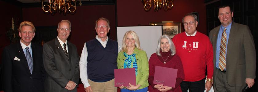 Campbellsville University's "Campaign for the Commonwealth" kicked off March 20 in Elizabethtown with Servant Leadership Awards being presented to Dave and Debby Duda, second and third from left, and Martha and Fred Stein, beside them. Making the presentation were from left, Benji Kelly, vice president for development; Dr. Michael V. Carter, president; and Dr. Ted Taylor, director of the Big Maroon Club. (Campbellsville University Photo by Drew Tucker