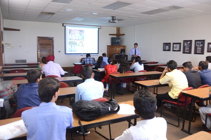 Dr. Mego Haralu, director for international education, gives brief introduction about Campbellsville University to students from India. (Campbellsville University Photo by Joshua Williams)