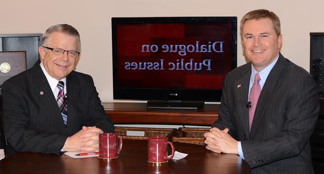 Dr. John Chowning, vice president for church and external relations and executive assistant to the  president of Campbellsville University, right, interviews James Comer, Kentucky’s commissioner of  agriculture, for his "Dialogue on Public Issues" show. The show will air at 1:30 p.m.  Friday, July 18 on WLCU TV, Campbellsville’s cable channel 10. It is also aired on  WLCU FM 88.7 at 8 a.m. and 6:30 p.m. Sunday, July 20. (Campbellsville University Photo  by Hanna Hall)