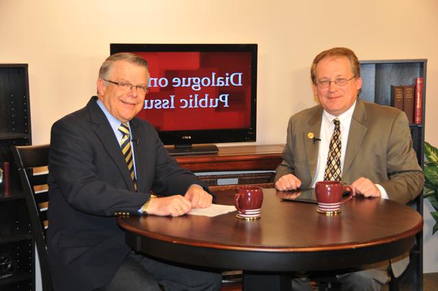 Campbellsville University’s John Chowning, vice president for church and external relations and executive assistant to the president of CU, right, interviews Jim Waters, Bluegrass Institute for Public Policy Solutions, on his “Dialogue on Public Issues” show on Campbellsville University’s WLCU-TV. The show will air Sunday, Dec. 2 at 8 a.m.; Monday, Dec. 3 at 1:30 p.m. and 6:30 p.m.; Tuesday, Dec. 4 at 1:30 p.m. and 6:30 p.m.; Wednesday, Dec. 5 at 1:30 p.m. and 6:30 p.m.; Thursday, Dec. 6 at 8 p.m.; and Friday, Dec. 7 at 8 p.m. The show is aired on Campbellsville’s cable channel 10 and is also aired on WLCU FM 88.7 at 8 a.m. Sunday, Dec. 2. (Campbellsville University Photo by Ellie McKinley)