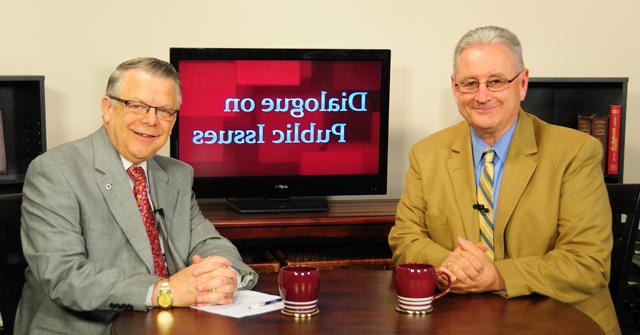 Campbellsville University’s John Chowning, vice president for church and external relations and executive assistant to the president of CU, right, interviews Kentucky State Sen. Jimmy Higdon, who represents Senate District 14, which includes Marion, Mercer, Nelson, Taylor and Washington counties, for his “Dialogue on Public Issues” show. The show will air Sunday, July 21 at 8 a.m.; Monday, July 22 at 1:30 p.m. and 6:30 p.m.; and Wednesday, July 24 at 1:30 p.m. and 6:30 p.m. The show is aired on Campbellsville’s cable channel 10 and is also aired on WLCU FM 88.7 at 8 a.m. and 6:30 p.m. Sunday, July 21. (Campbellsville University Photo by Ye Wei “Vicky”)