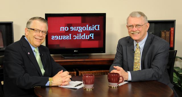 Campbellsville University’s John Chowning, vice president for church and external relations and executive assistant to the president of CU, right, interviews Joe Meyer, secretary for the Cabinet for Education and Workforce Development, for his “Dialogue on Public Issues” show. The show will air Sunday, June 23 at 8 a.m.; Monday, June 24 at 1:30 p.m. and 6:30 p.m.; and Wednesday, June 26 at 1:30 p.m. and 6:30 p.m. The show is aired on Campbellsville’s cable channel 10 and is also aired on WLCU FM 88.7 at 8 a.m. and 6:30 p.m. Sunday, June 23. (Campbellsville University Photo by Ye Wei “Vicky”)