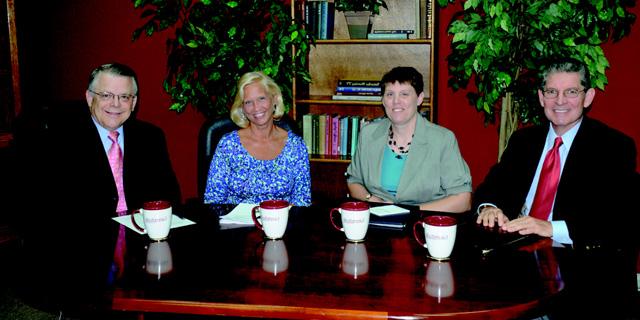 Kentucky Christian School officials are interviewed on “Dialogue on Public Issues,” hosted by John Chowning, far right, at Campbellsville University. The show featured from left: David Nunery, chairman, KCS Board of Directors; Lori Eubank, administrator, KCS; and Gail Gabehart, director, KCS. The show will air on TV-4, WLCU, Comcast Cable Channel 10, Sunday, July 26, at 8 a.m.; Monday, July 27, at 1:30 p.m. and 6:30 p.m., and Wednesday, July 29, at 1:30 p.m. and 7 p.m. (Campbellsville University Photo by Joan C. McKinney)