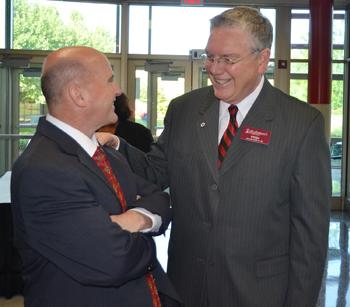 Senior pastor of Beacon Hill Baptist Church Dr. John Mark Toby, right, talks with Dr. Keith Spears, vice  president for regional and professional education,  speaker for the Campbellsville University-Somerset graduates’ commencement celebration held at Harold Rogers Student Commons at Somerset  Community College. (Campbellsville University Photo by Joan C. McKinney) 